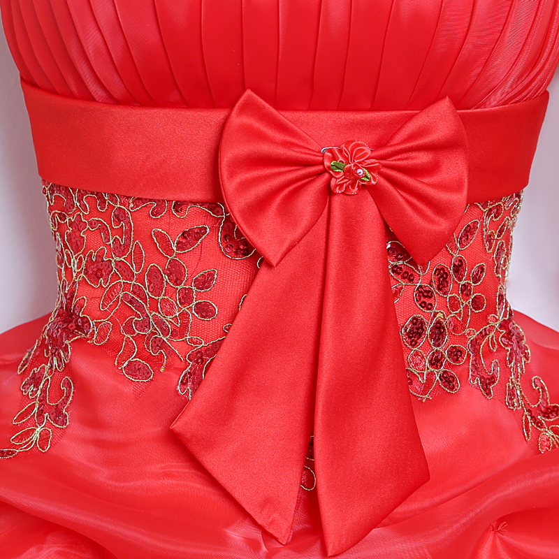 2017 New Red Evening Dresses with Bow Elegant Girls Women Bride Gown Fashion Strapless Princess Ball Prom Party Graduation Formal Dress