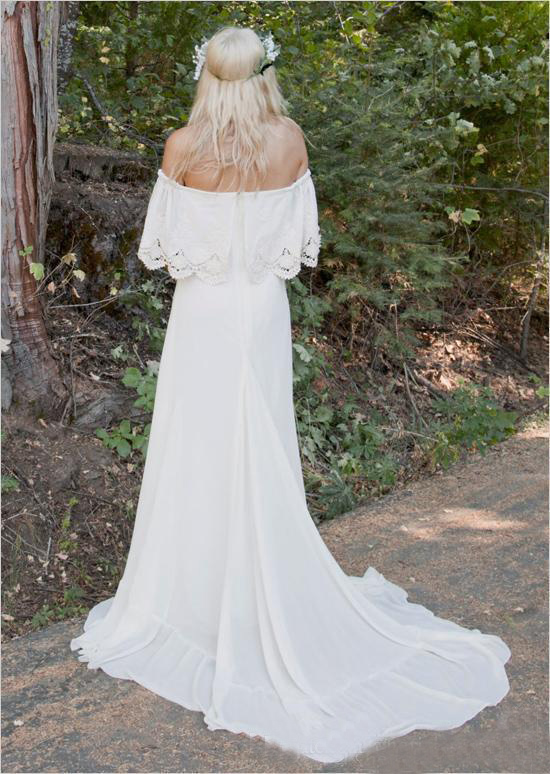 Hot Sale 2019 Bohemian Wedding Dresses Cheap Off The Shoulder Neckline A-line Court Train White Chiffon Boho Bridal Gowns Custom Made EN6121