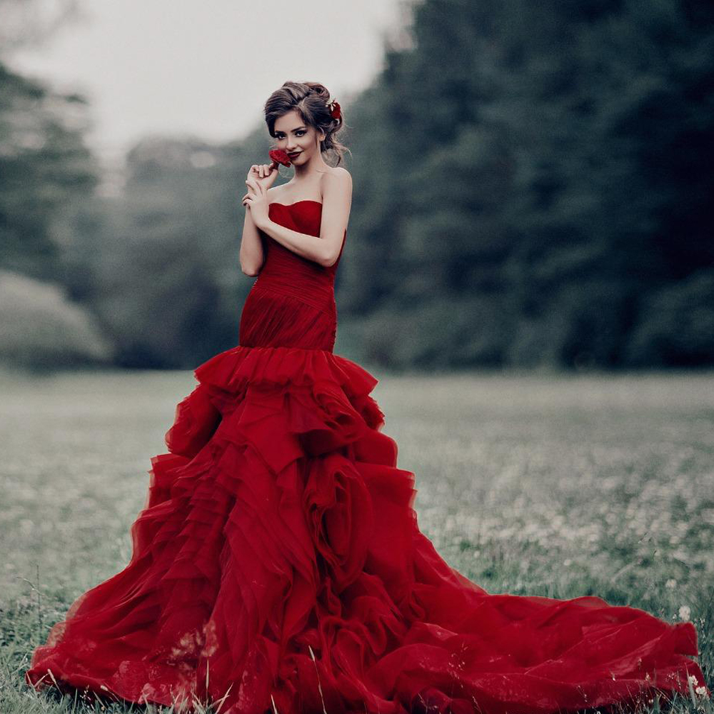 Gorgeous 2017 New Red Organza Ruffles Mermaid Wedding Dresses Sweetheart Pleats Tiered Long Bridal Gowns Custom Made China EN1047