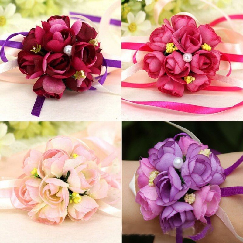 Wholesale-NEW Beautiful Cute Style Wrist Corsage Bracelet Bridesmaid Sisters Hand Flowers Wedding Party Bridal Prom