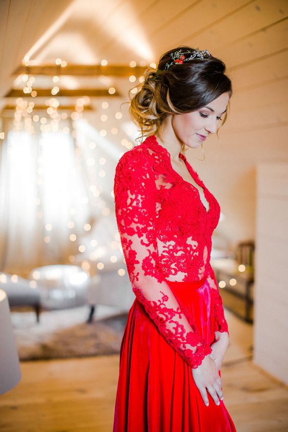 Romantic 2017 Red Wedding Dresses Bohemian Country V Neck Illusion Long Sleeve Chiffon Bridal Gowns Custom Made China EN7223