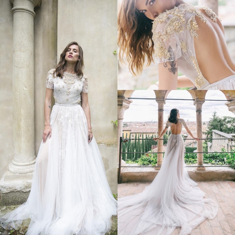2021 Bohemian Wedding Dresses Lace Appliques Beads Beach Bridal Gowns Custom Made Hollow Back Sweep Train A Line Boho Wedding Dress, Champagne
2021 Bohemian Wedding Dresses Lace Appliques Beads Beach Bridal Gowns Custom Made Hollow Back Sweep Train A Line Boho Wedding Dress, Champagne