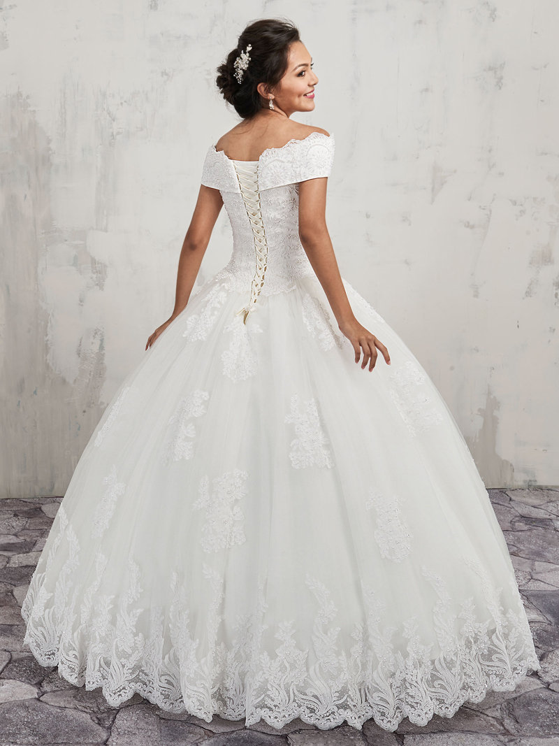 Vintage Lace Ball Gown Wedding Dresses Off Shoulder Lace-up Back Tulle ball and lace applique ball gown with bead embellished Bridal Gowns
