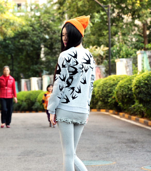 Wholesale- Style Women Winter Autumn Swallow Pattern Sweatshirt Pullover Long Sleeve Loose Ju