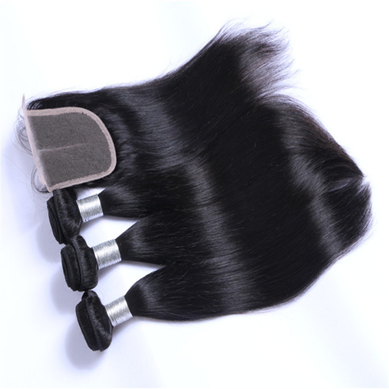 Brazilian Straight Human Hair Weaves Extensions 3 Bundles with Closure Free Middle 3 Part Double Weft Dyeable Bleachable 100g/pc