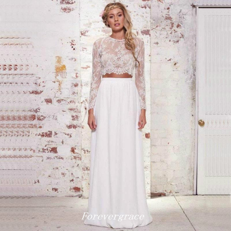 Boho Lace Two Pieces Wedding Dress High Quality Long Sleeves Chiffon Beach Summer Women Wear Bridal Gown Custom Made Plus Size