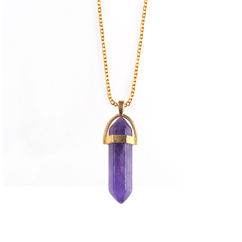 2017 Hexagonal column Natural Stone Healing Point Pendant Necklaces Amethyst Crystal Quartz Stone Necklace Women Gem stone