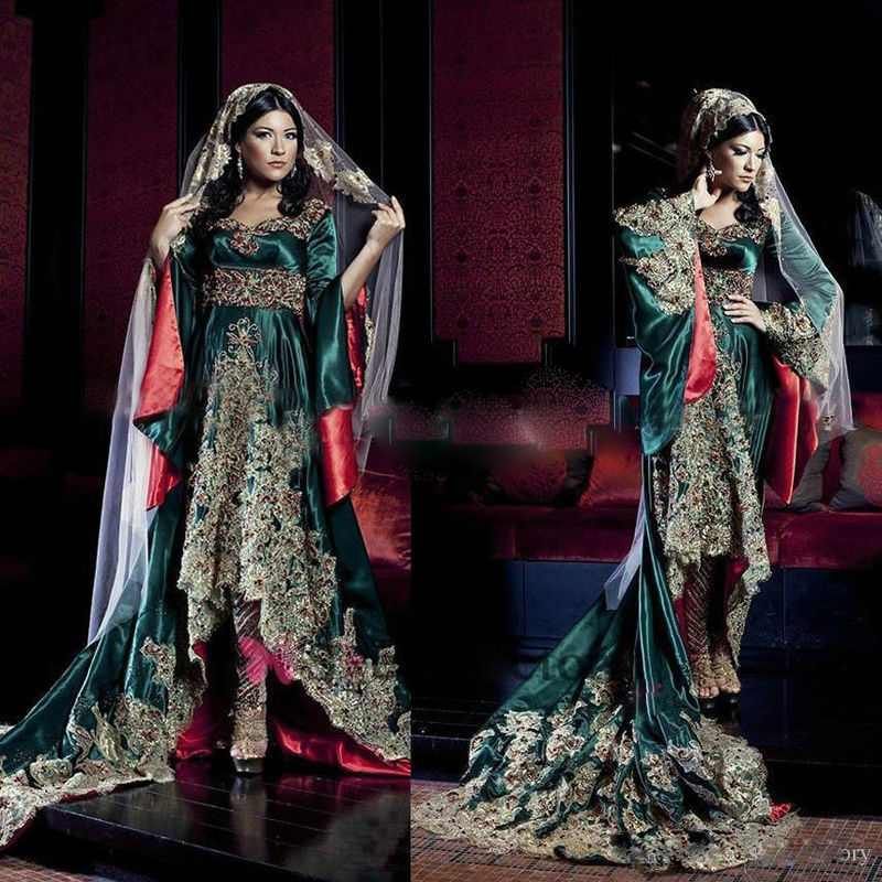 India Saudi Arabian robe Long Sleeves Sweetheart Evening Dresses Hunter Green With Lace Appliques Muslim Evening Gowns