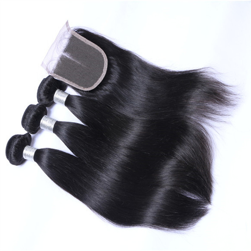 Brazilian Straight Human Hair Weaves Extensions 3 Bundles with Closure Free Middle 3 Part Double Weft Dyeable Bleachable 100g/pc
