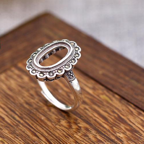 7x12mm Oval Cabochon Semi Mount Ring 925 Sterling Silver Art Nouveau Vintage Fine Silver Ring Setting