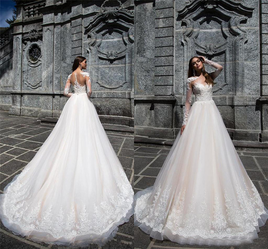 Crew Neck Lace Appliqued Illusion Bodice Bridal Gowns Beach Vintage Wedding Gowns Milla Nova Sheer Long Sleeve Wedding Dresses, White
Crew Neck Lace Appliqued Illusion Bodice Bridal Gowns Beach Vintage Wedding Gowns Milla Nova Sheer Long Sleeve Wedding Dresses, White