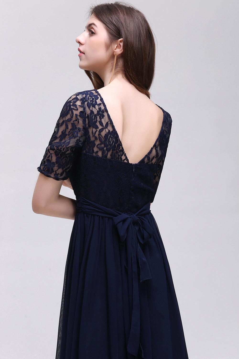 Real Photo Dark Navy Chiffon A Line Evening Dress with Short Sleeves Scoop Neck Lace Top Long Prom Dresses Elegant Formal Evening Gowns