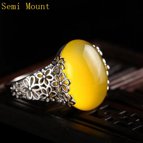 Fine Silver Flower 12x15mm Oval Cabochon 925 Sterling Silver Women Semi Mount Ring Setting