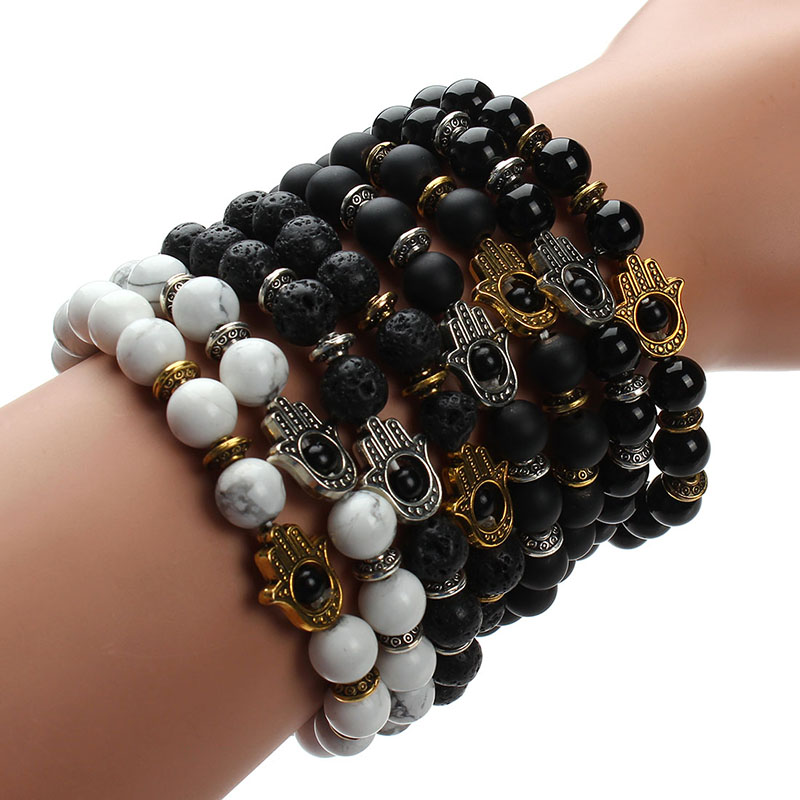Wholesale-Drop Shipping!!! 8mm Natural Black Lava Energy Stone Beads Bracelet Gold Hamsa Hand Charm Bracelet Yoga Mala Bracelets F2830