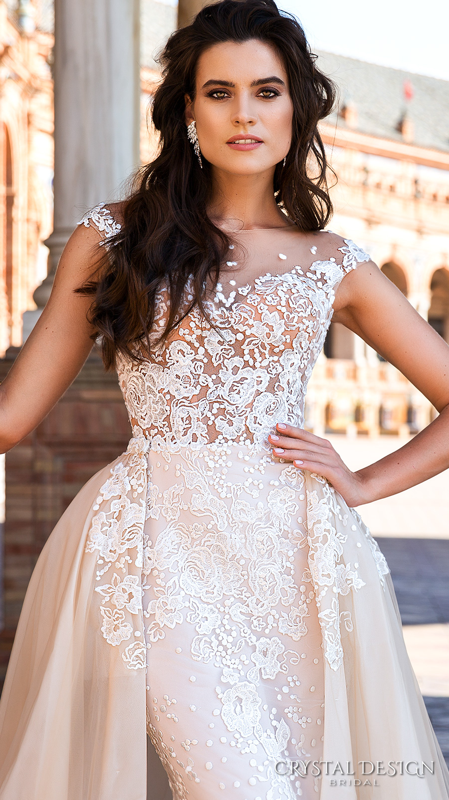 Crystal Design 2020 Bridal Capped Sleeve Jewel Neck Heavily Embroidered Bodice Detachable Skirt Sheath Wedding Dresses Low Back Long Train