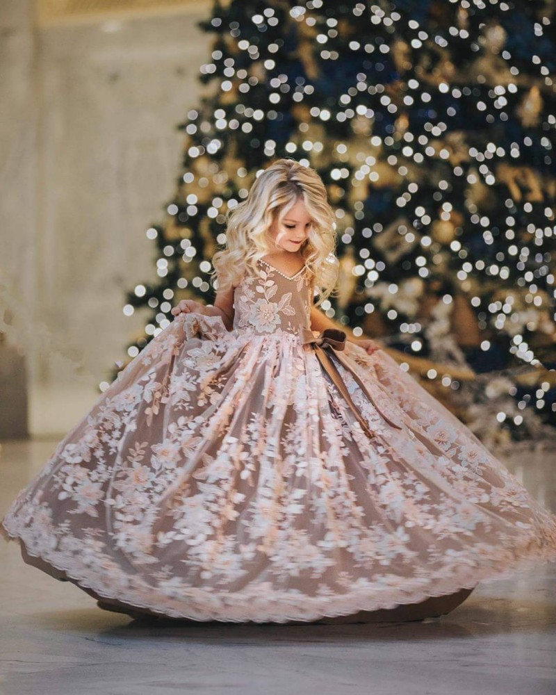 Real Image Flower Girls Dresses Luxury Embroidery Appliques Kids Pearls Evening Gowns Tulle Sleeveless Flowergirl Dress For Sales