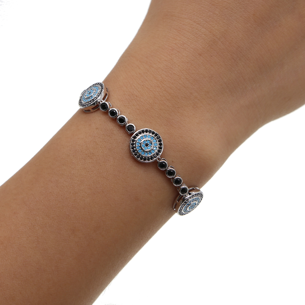 Fit pandora fashion jewelry micro pave cz turquoise stone evil eye charm adjust girl jewelry black cz tennis bracelet