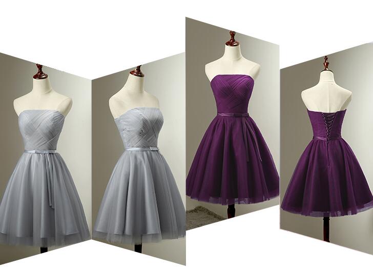 Purple Bridesmaid Dresses Knee-Length Strapless Lace-up Back Light Gray Pleats Tulle Wedding Party Dress Cheap Summer Style