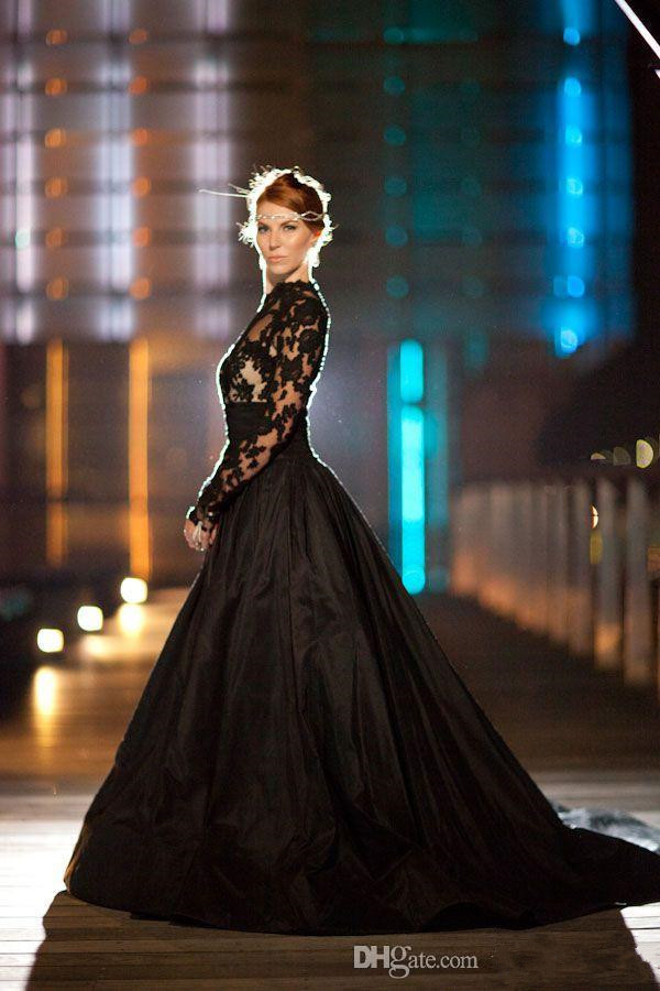 New Vintage Gothic Style Black Wedding Dress Long Sleeve High Neck Lace Tulle Taffeta A Line Sweep Train Bridal Gowns
