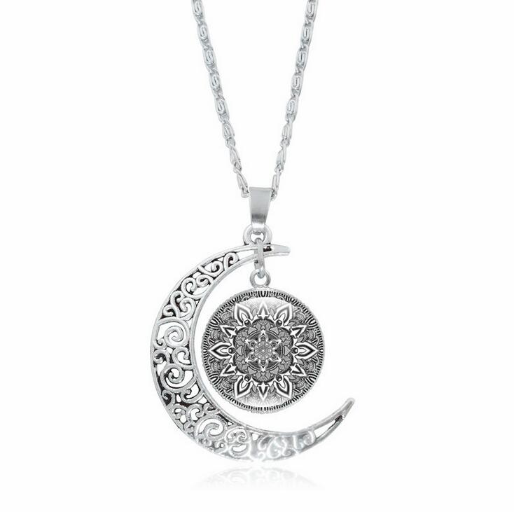 Free ship Bursts of mandala flower gemstone necklace silver half moon pendant jewelry WFN197 (with chain) mix order 20 pieces a lot