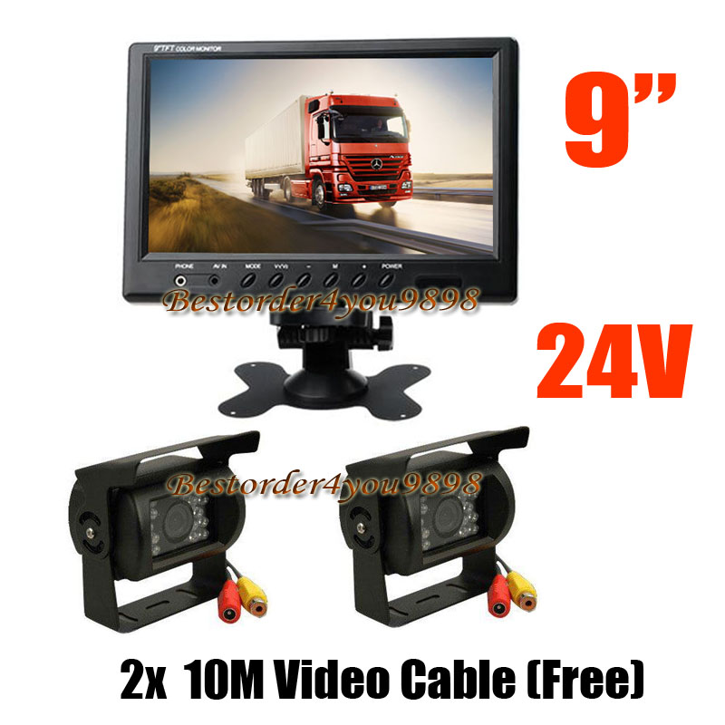2x 24V 18 LED IR Reversing Camera Waterproof + 9" LCD Monitor Car Rear View Kit for Bus Truck Free Shipping