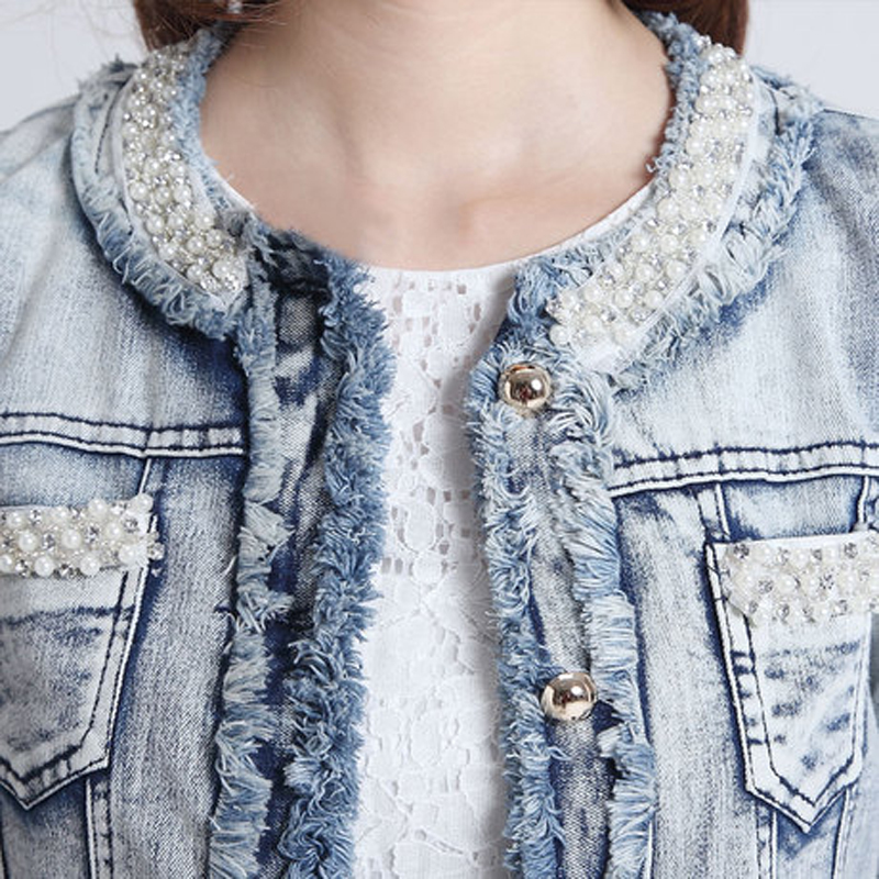 Women's Jackets Wholesale- Women Pearl Jacket Distressed Short Denim Coat Fringe Jeans Women's Beading Outerwear TOP354 -51