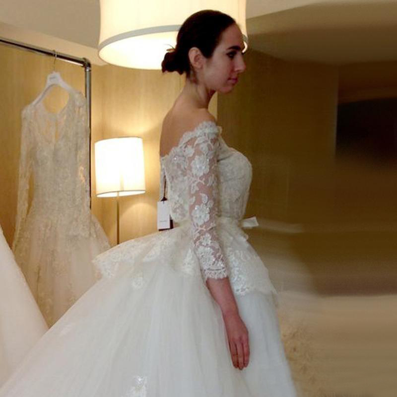 Modest 2017 Lace Off The Shoulder Long Sleeve Overskirt Wedding Dresses With Detachable Skirt Beaded Applique Bridal Gowns EN11174