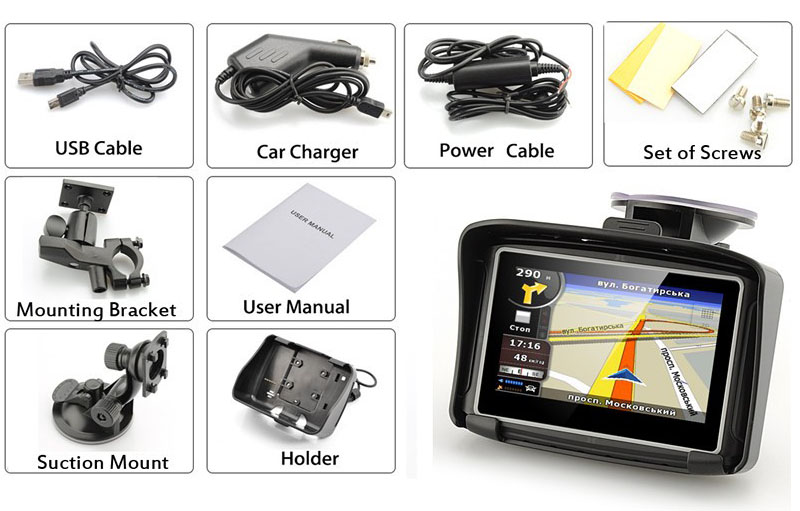 4.3 Inch Motorcycle GPS Navigation System IPX7 Waterproof Motor Navi Bulit in 8GB Maps SDRAM 256MB Support Bluetooth A2DP Headset