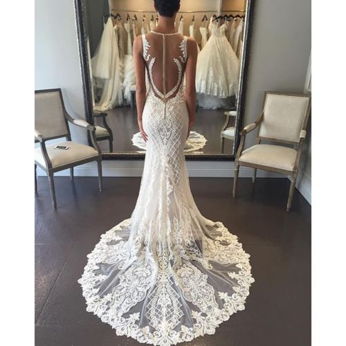 Berta Mermaid Wedding Dresses With Detachable Train Sweep Train Lace Beach Wedding Dress Applique Sleeveless Jewel Neck Plus Size Bridal