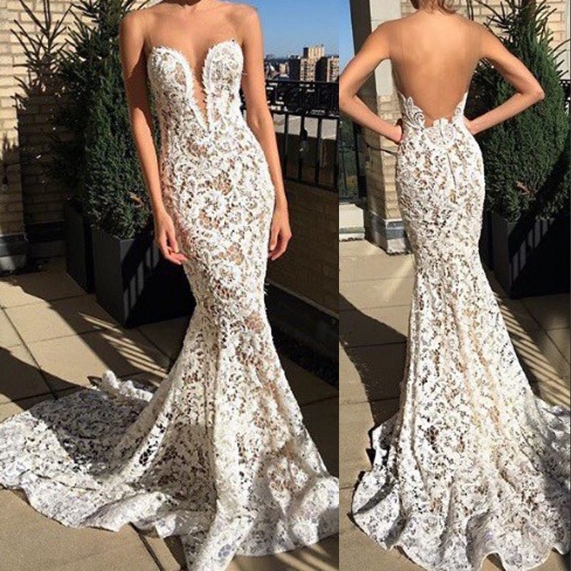 High Quality Beach Wedding Dresses Sexy See Throguh Sheer Neckline Open Backless Lace Mermaid Wedding Gowns Charming Pretty Bridal Dresses, Ivory 
High Quality Beach Wedding Dresses Sexy See Throguh Sheer Neckline Open Backless Lace Mermaid Wedding Gowns Charming Pretty Bridal Dresses, Ivory