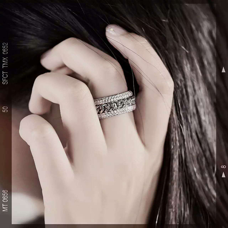 Size 5-11 Brand Desgin Vintage Jewelry Rotatable chain Double row drill 925 Sterling Silver 5A CZ Diamond Gemstones Women Wedding Ring Gift