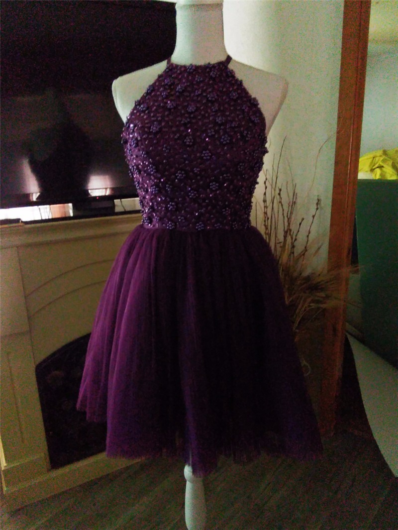 Free Shipping Pretty Halter Purple Keyhole Back Beading Short Prom Dresses Vestido De Festa Girls Party Dress Homecoming Dress