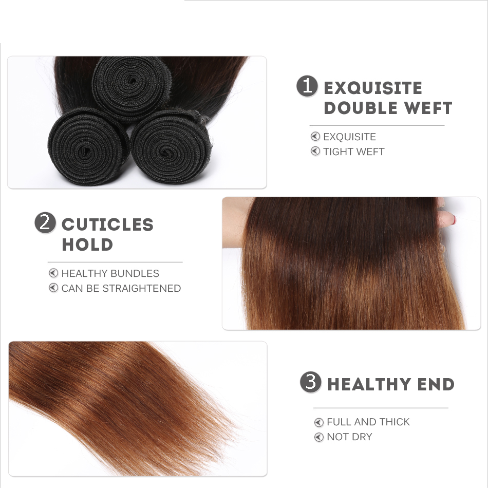 Free shipping Peruvian Straight Human Remy Hair Weaves Ombre 3 Tones 1B/4/30 Color Double Wefts 100g/pc Can Be Dyed Bleached