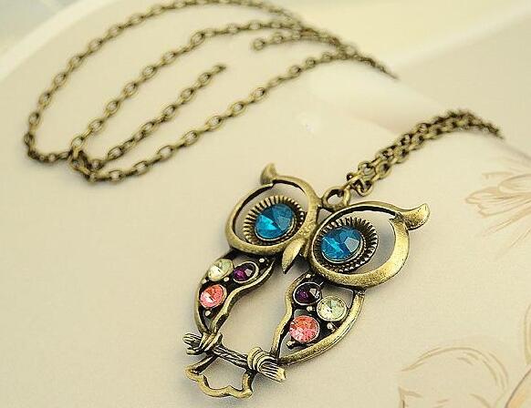 

owl retro necklaces diamante necklaces bronze& antique silver bead necklaces long for women