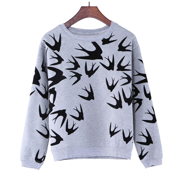Wholesale- Style Women Winter Autumn Swallow Pattern Sweatshirt Pullover Long Sleeve Loose Ju