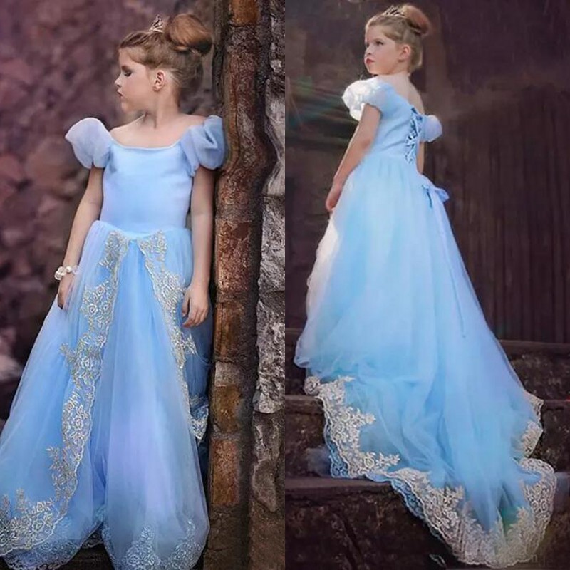 Pageant Dresses For Teens Girls 2017 Sky Blue Tulle Satin Off Shoulder Puffy Short Sleeve Ivory Lace Applique Birthday Party Gowns EN9211