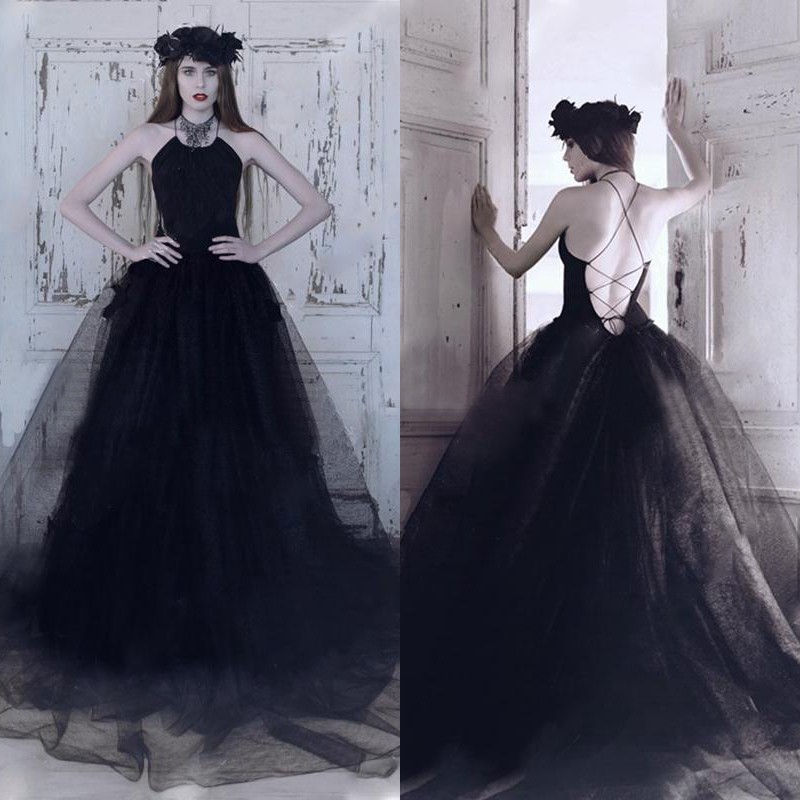 Vintage 2017 Black Satin And Tulle A-line Wedding Dresses Gothic Sexy Criss Cross Back Long Bridal Gowns Custom Made China EN10310