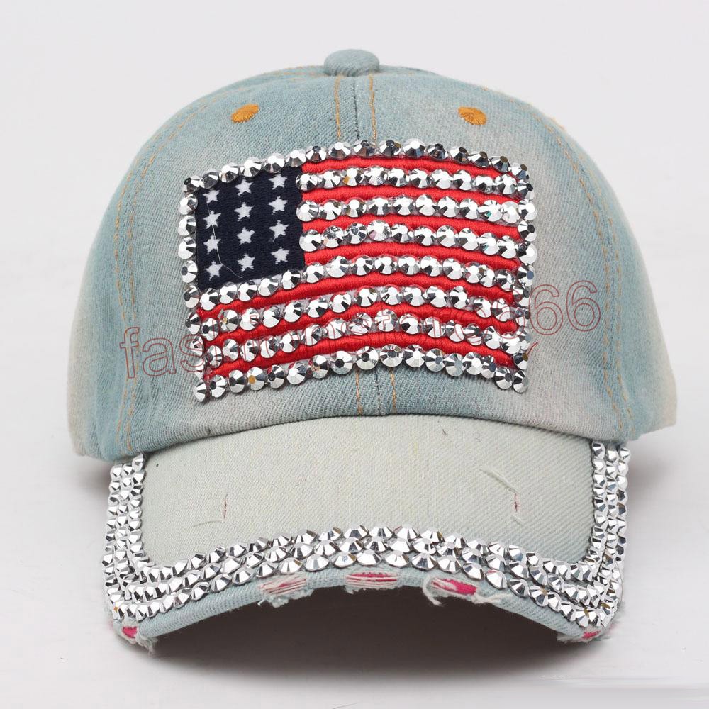 Women baseball caps Summer 4th of July American Flag Hat Cowboy Fashion Rhinestone denim Cap 6 Panels Snapback Leisure Sun Hat