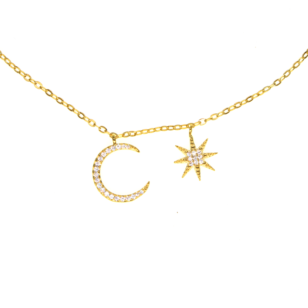 fashion jewelry simple christmas design delicate chain 3 color micro pave cz sparling moon star pendant choker necklace