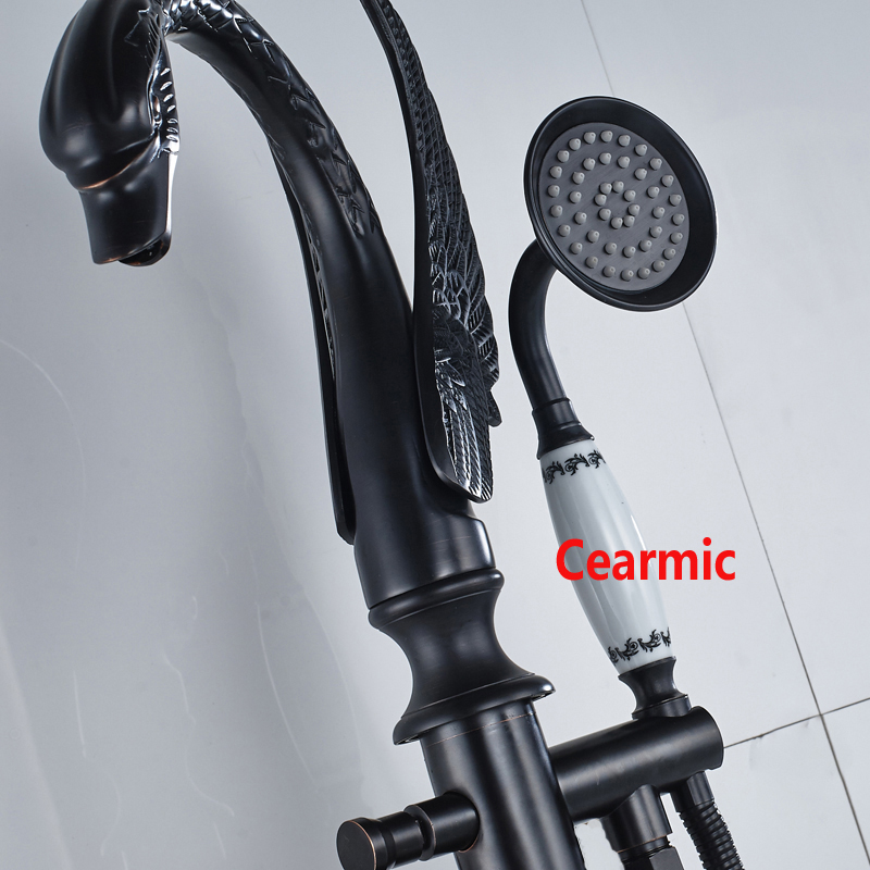 Bathtubs Faucets Oil rubbed Bronze Free Standing Bird Shape Bathroom Bathtub Faucet + Handheld Shower Single Handle Tub Mixer Taps