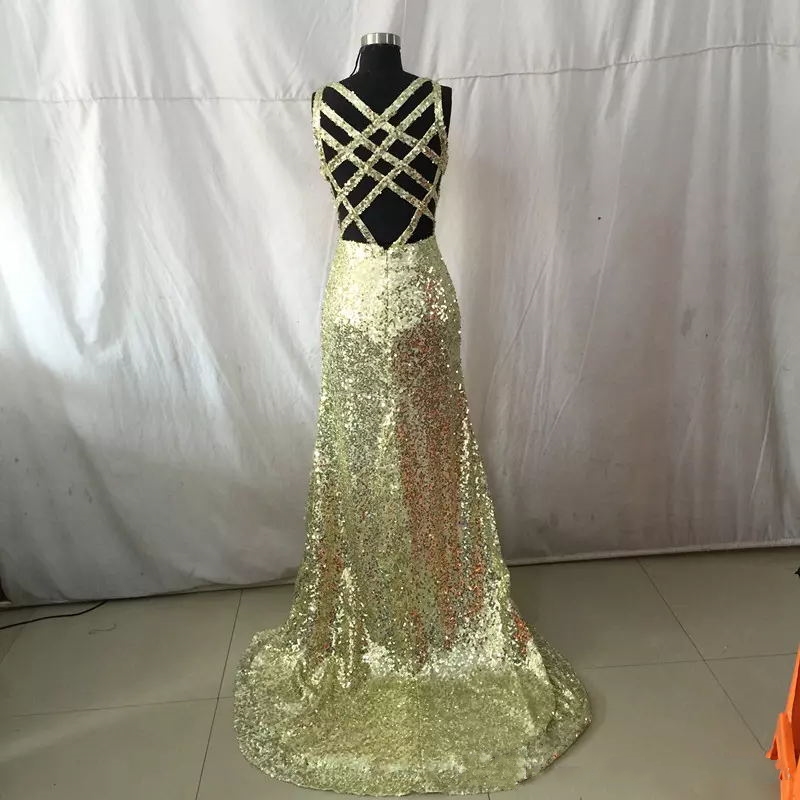 Sexy Gold Sequins Arabic Prom Party Dresses V Neck High Slit Mermaid Backless Plus Size Cheap African Evening Wear Gowns Real Picture
