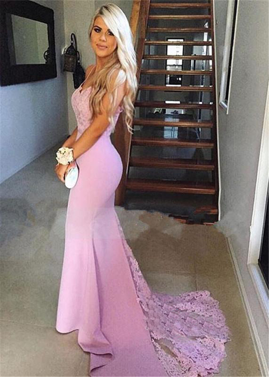Vestidos Largos De Fiesta Mujer Pink Lace Mermaid Elegant Zipper Spaghetti-strap Prom Cutout Sweep Train Long Evening Dress