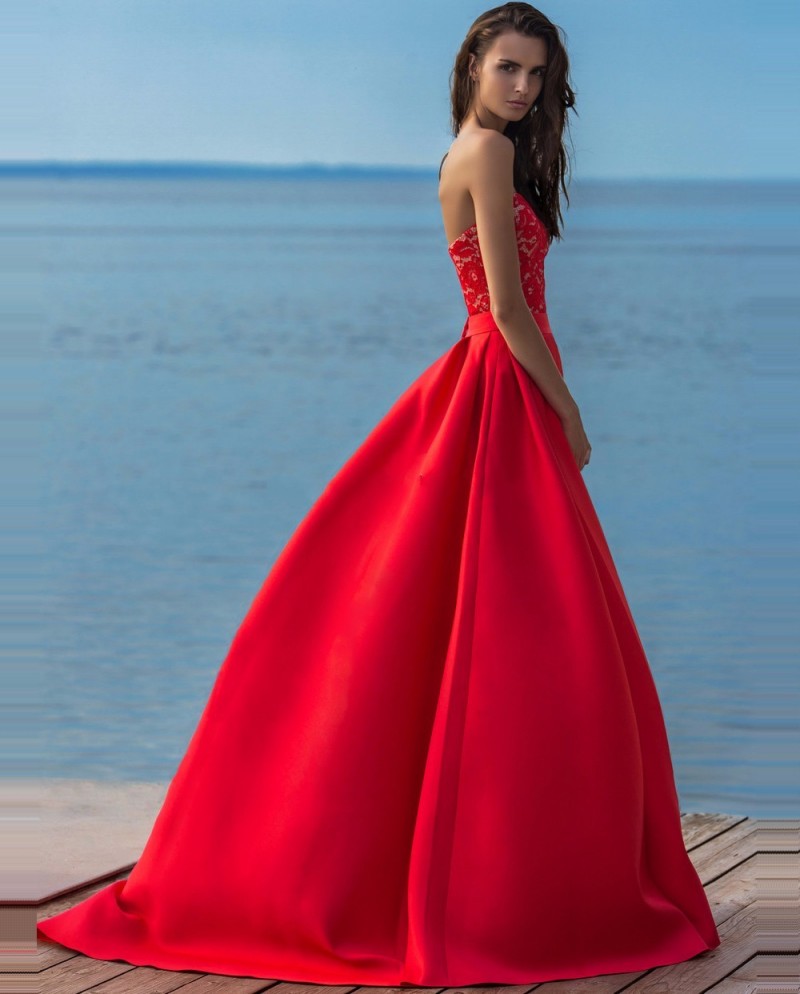 New vestidos de festa 2017 Fashion Red Long Lace Evening Dress with Detachable Train Strapless Long Party Dress Backless Prom Dress