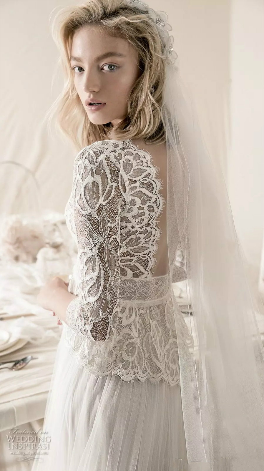 Three Pieces Pants Wedding Dresses With Detachable Overskirts Lace Applique 3/4 Long Sleeve Wedding Dress Deep V Neck Illusion Bridal Gown