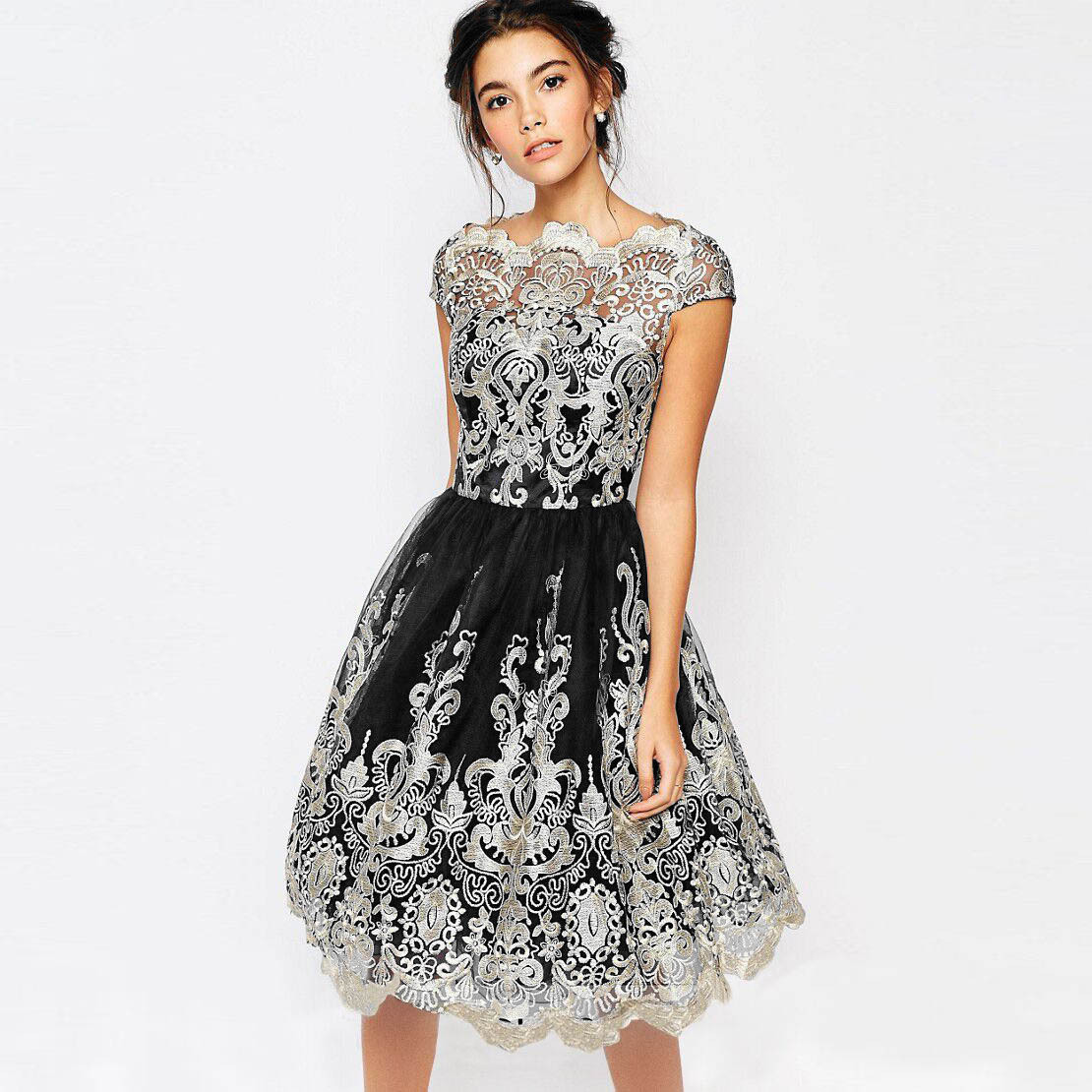 2023 Dark Blue Prom Dresses Short Lace Bateau Neck Cap Sleeve Knee Length Formal Cocktail Party Gowns Maxi Dress Evening Homecoming Dresses