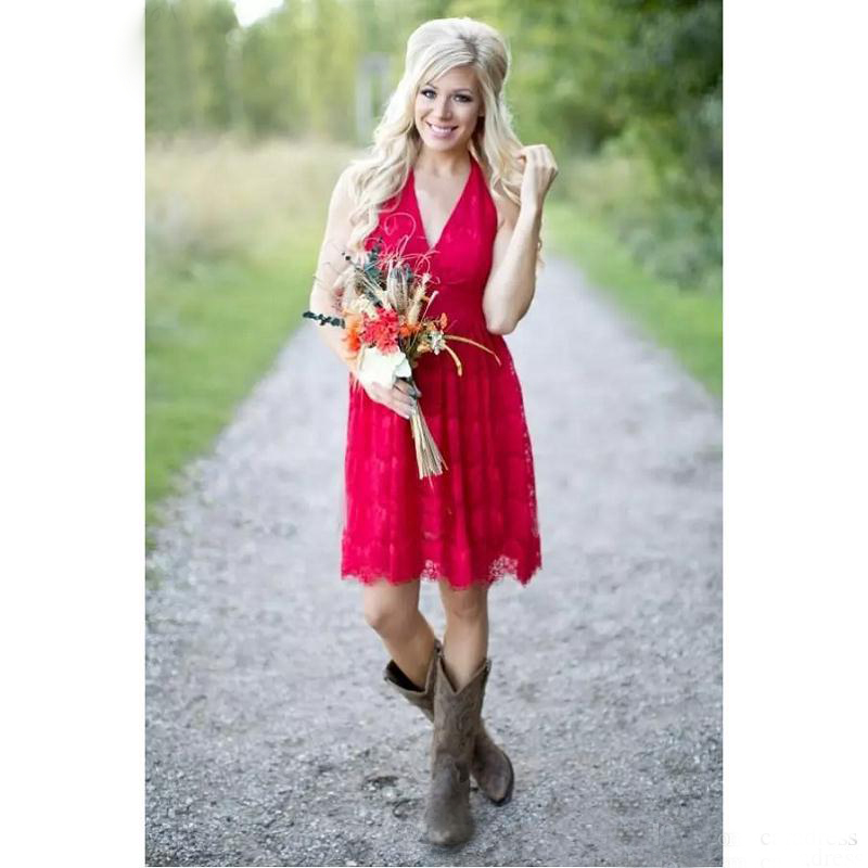 2017 Sexy Red Lace Halter Short Country Bridesmaid Dresses Casual Cheap Backless Maid Of Honor Wedding Party Dress Custom Made EN4063