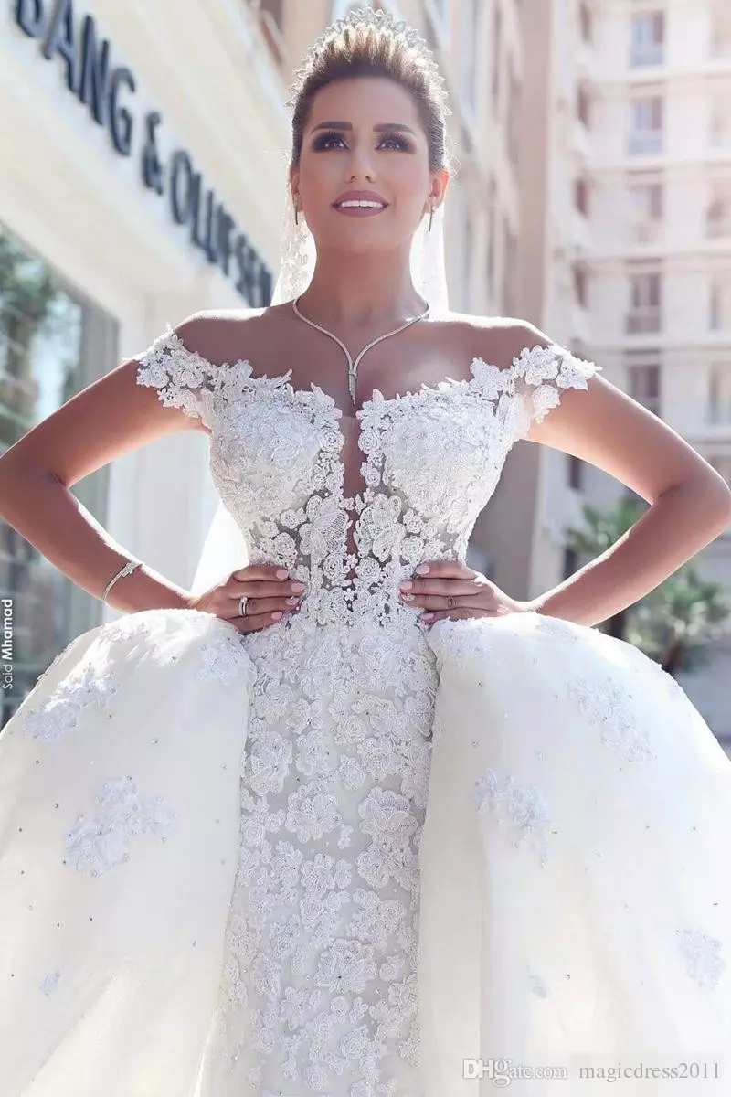 De Novia Vestidos Dresses With Detachable Train Off The Shoulder Full Lace Wedding Gowns Custom Made African Bridal Gown tachable