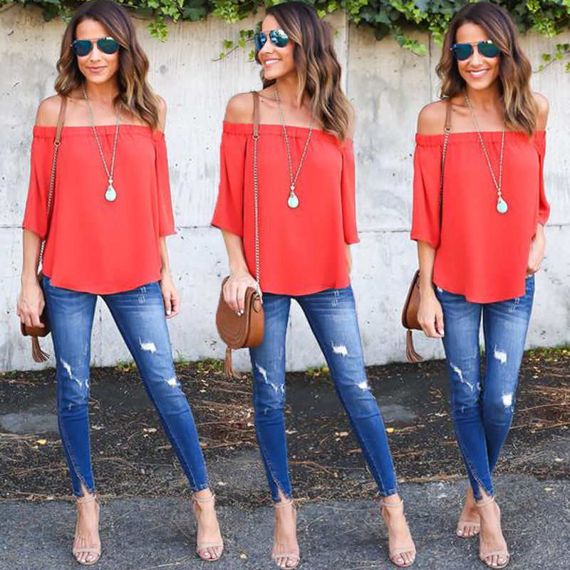 Wholesale- Casual T Shirt Tops Women Clothing New Fashion Women Lady Clothes Tops Summer Short Sleeve Off Shoulder Loose