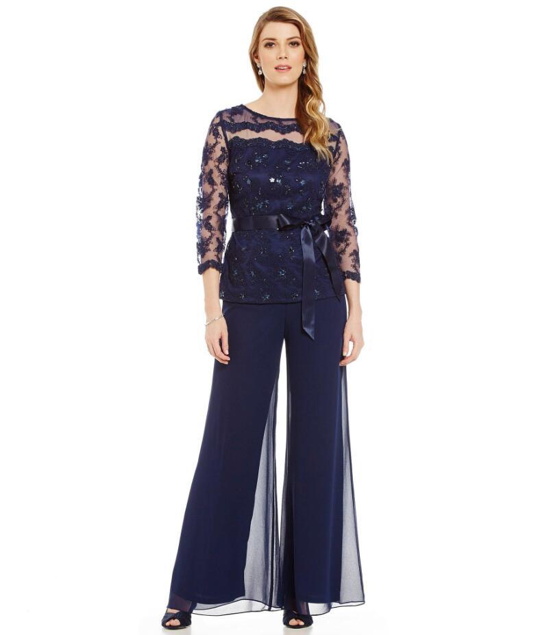 Fashionable Mother Of Bride Pant Suit Long Sleeves Lace Plus Size Mother Bride Beads Ribbon Evening Dresses Fashion