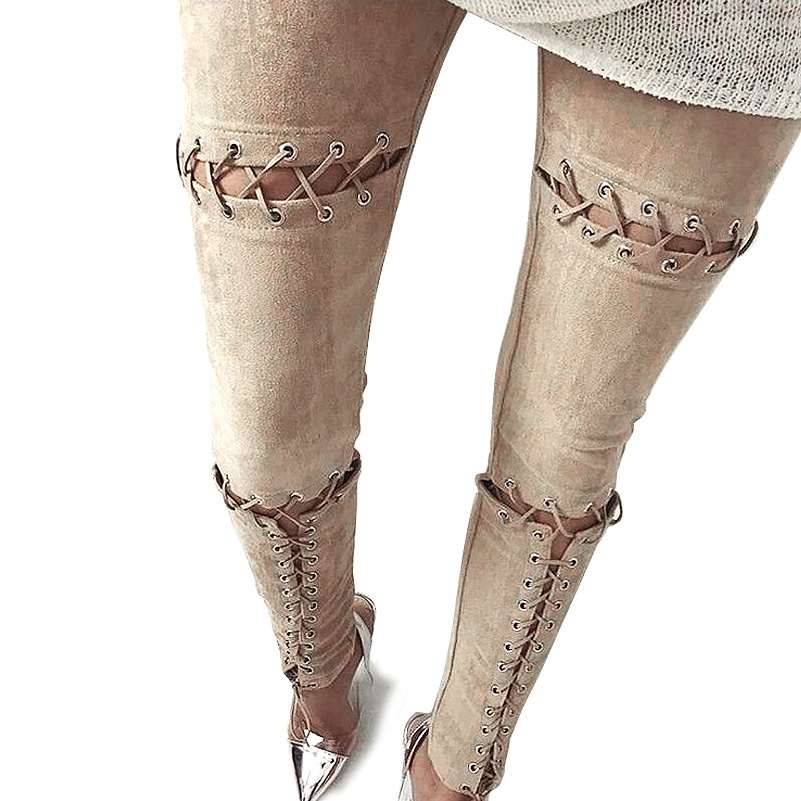 Wholesale- 2017 Sexy High Waist Suede Leather Straps Women's Solid Color Pant Summer Style Skinny Pencil Leggings Pants for Women